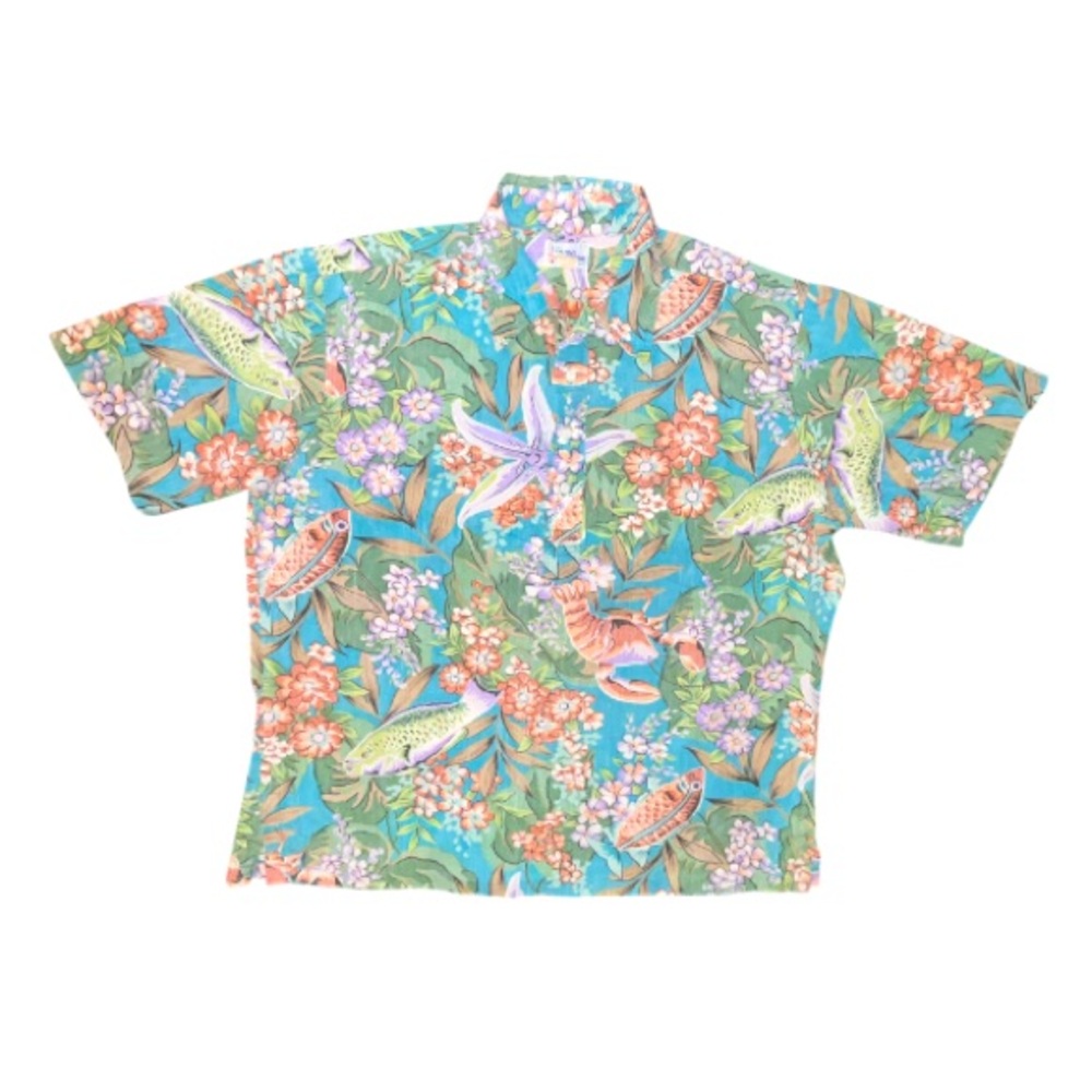 Reyn Spooner Vintage Hawaiian Shirt Half Button Lobster Koi Fish Floral Size XL